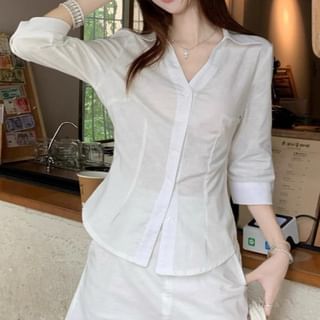 Elbow-Sleeve Collared Shirt & High-Waist Mini A-Line Skirt