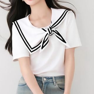 Striped Trimmed Sailor-Collar Asymmetric Short-Sleeved Tee