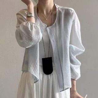 Puff-Sleeved Plain Button-Up Blouse