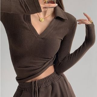 Plain V-Neck Long-Sleeved Polo Shirt