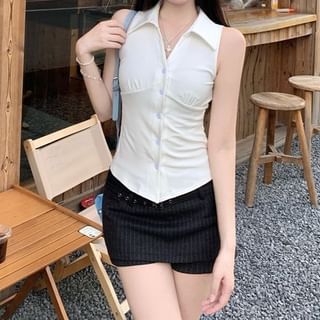 Buttoned Collared Plain Sleeveless Shirt