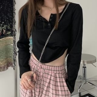 Cropped Henley-Neck Plain Long-Sleeved Tee