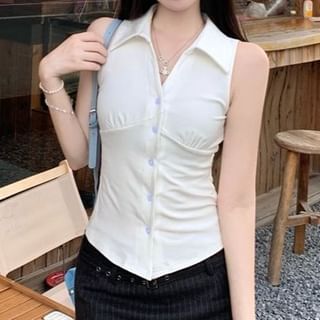 Buttoned Collared Plain Sleeveless Shirt