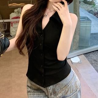 Buttoned Collared Plain Sleeveless Shirt