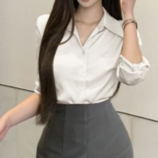 Collared Long Sleeve Shirt & Midi Pencil Skirt Set