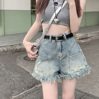 High Waist Frayed Denim Shorts