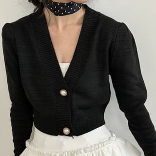 V-Neck Plain Faux Pearl Buttoned Crop Cardigan