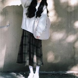 Cable-Knit Crew-Neck Sweater & Plaid High-Rise Midi Skirt