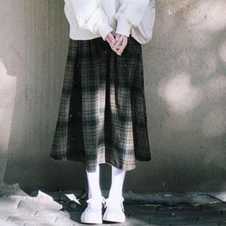 Cable-Knit Crew-Neck Sweater & Plaid High-Rise Midi Skirt