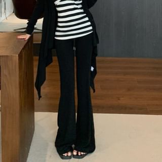 Striped Tube Top / Plain Cardigan / High Waist Flared Pants / Set