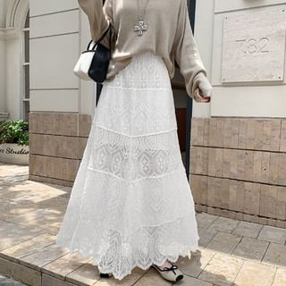 Elastic Waist Tiered Lace Maxi Skirt
