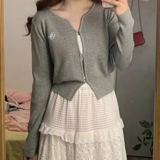Notch Neck Melange Cardigan / Elastic Waist Plain Eyelet Tiered Midi A-Line Skirt