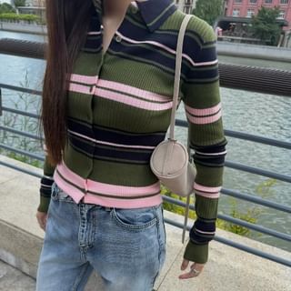 Striped Collared Cropped Cardigan