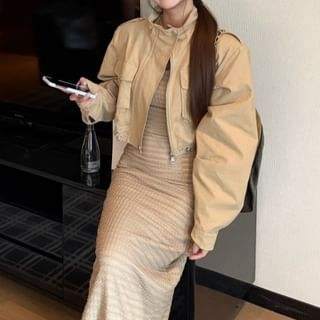 Stand Collar Plain Pocket Front Zip Jacket / Spaghetti Strap Striped Maxi Sheath Dress