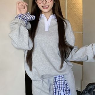 Plaid Panel Sweatshirt with Mini A-Line Skirt and Sash Set