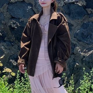 Lapel Collar Double Breasted Plain Jacket / Sleeveless Maxi A-Line Dress