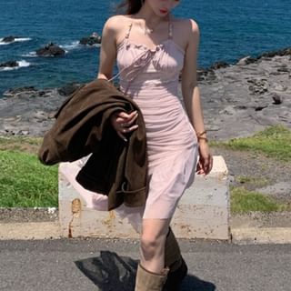 Lapel Collar Double Breasted Plain Jacket / Sleeveless Maxi A-Line Dress