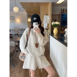 Melange Sweater with Round Neck and Drawstring Knit Shorts
