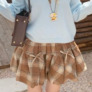 Off-Shoulder Solid Knit Top and Plaid Mini A-Line Skirt