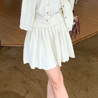Sleeveless Frill Trim Crop Top & Cable Knit Cardigan & Pleated Mini Skirt Set