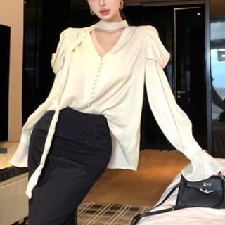 Long-Sleeve V-Neck Blouse & Striped Slit Maxi Pencil Skirt