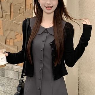 Sleeveless Collar Plain Button Mini A-Line Dress / Cardigan