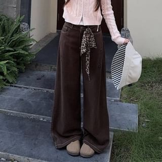 Plain Hood Pointelle Cable Knit Zip Cardigan / Mid Rise Contrast Stitch Wide Leg Jeans