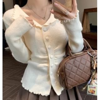 Split Neck Lettuce Edge Ruched Button-Up Plain Crop Cardigan