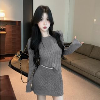 Long-Sleeve Round Neck Cable Knit Top & High Rise Mini Skirt Set