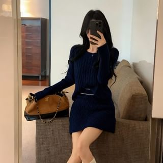 Long-Sleeve Round Neck Cable Knit Top & High Rise Mini Skirt Set