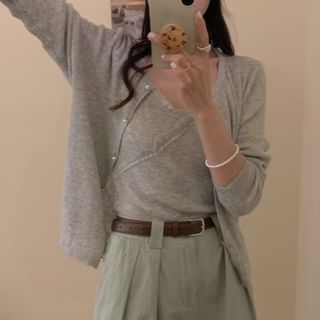 Set: Lace Trim Ribbed Knit Camisole Top + Crew Neck Faux Pearl Cardigan