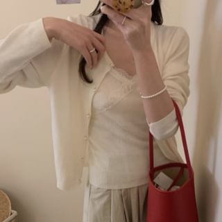 Set: Lace Trim Ribbed Knit Camisole Top + Crew Neck Faux Pearl Cardigan