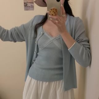 Set: Lace Trim Ribbed Knit Camisole Top + Crew Neck Faux Pearl Cardigan