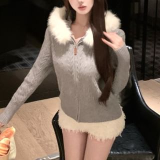 Fluffy Hooded Plain Zip Cardigan