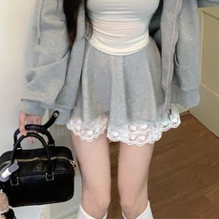 Oversized Zip Hoodie & Lace Trim Mini Skirt