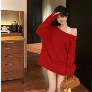 V-Neck Lace Panel Plain Sweater