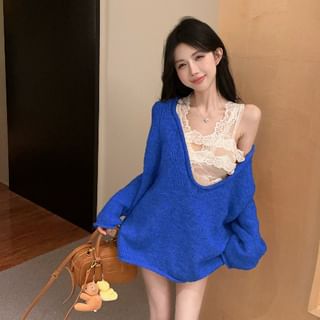 V-Neck Lace Panel Plain Sweater