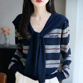 Striped Knit V-Neck Top with Long Sleeves