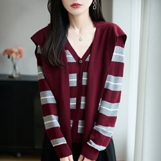 Striped Knit V-Neck Top with Long Sleeves