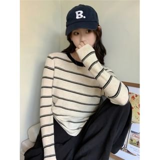Striped Ribbed Knit Round Neck Top with Long Sleeves