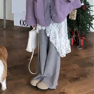 Fleece Jacket, Mock Neck Dotted Top, Ruffle Skirt & Lace Flared Pants Set
