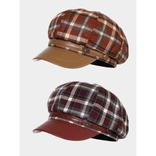 Plaid Panel Faux Leather Newsboy Cap