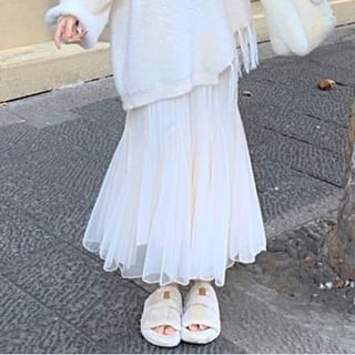 V-Neck Solid Asymmetrical Fringe Sweater / High Rise Mesh Midi Mermaid Skirt
