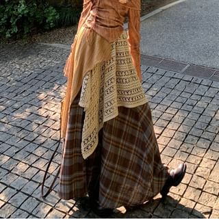 Off Shoulder Tie Dye Asymmetrical Tie-Up Top & High Waist Plaid Lace Maxi Skirt
