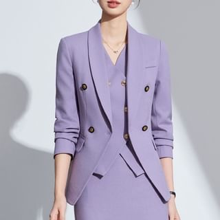Shawl Lapel Solid Double Breasted Blazer / V-Neck Button Vest / High Rise Mini Pencil Skirt / Flared Suit Pants
