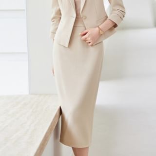 Notch Lapel Solid Single Breasted Blazer / High Rise Midi Pencil Skirt