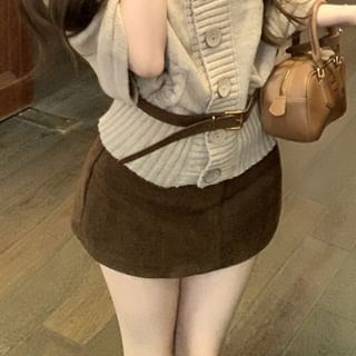 Elbow-Sleeve Collar Cardigan, High Waist Mini Pencil Skirt & Belt Set