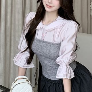 Elbow-Sleeve Two Tone Lace Trim Mock Blouse & Mid Waist Mini A-Line Skirt