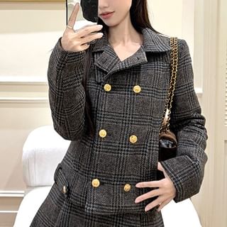 Stand Collar Plaid Double-Breasted Jacket & High Waist Mini A-Line Skirt