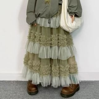 Two Tone Ruffle Trim Maxi A-Line Skirt - High Waist